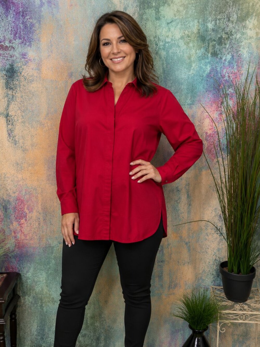 📌 Riders Lee Red Long Sleeves Hidden Button Down Cotton Mix Blouses - Shirt